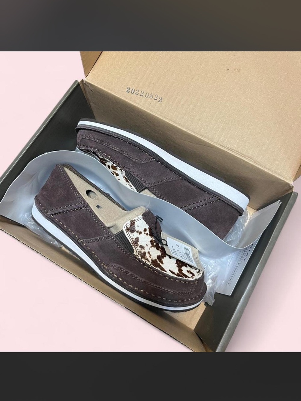 Ariat brown & white cow print loafers